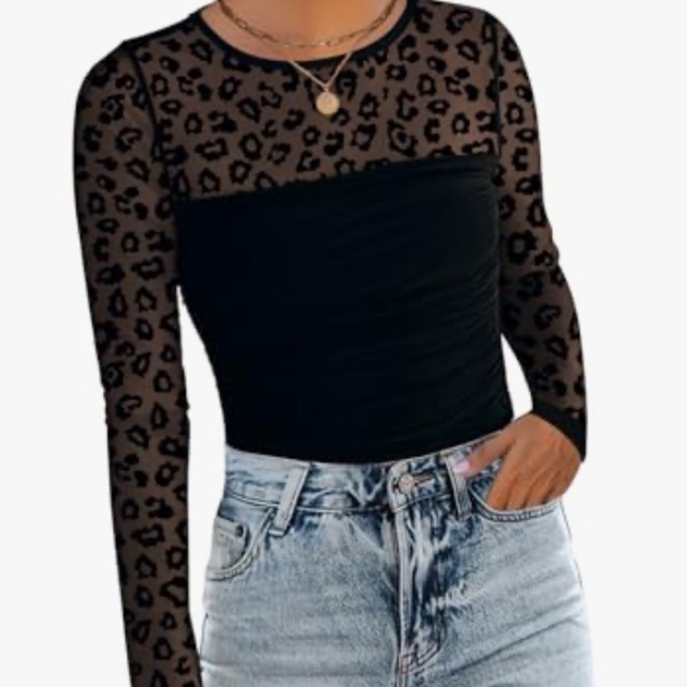 Leopard Print Mesh Black Top with slimming bodice